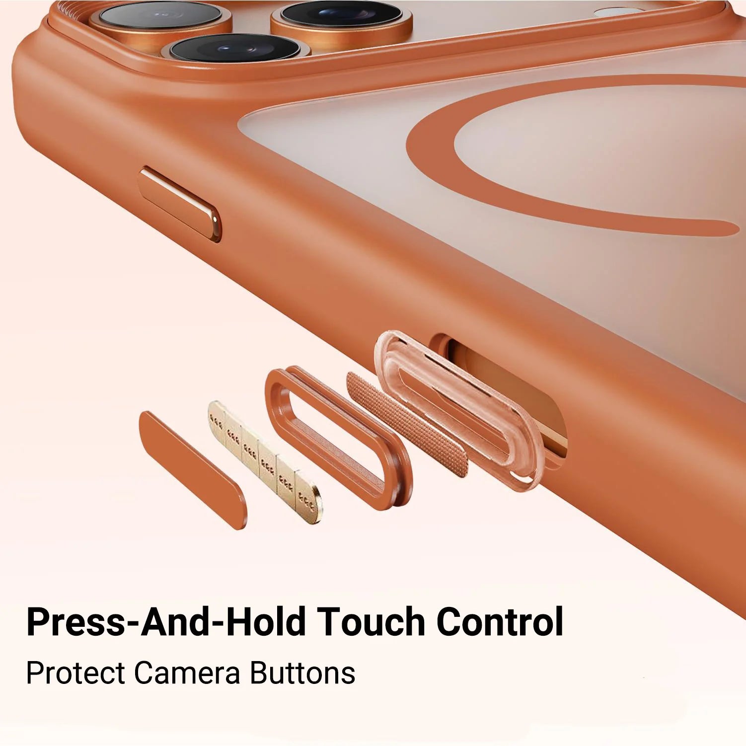 Luxury Orange Matte Transparent Magsafe Phone Case for Iphone Metal Buttons/ Skin Feel Shockproof Cover