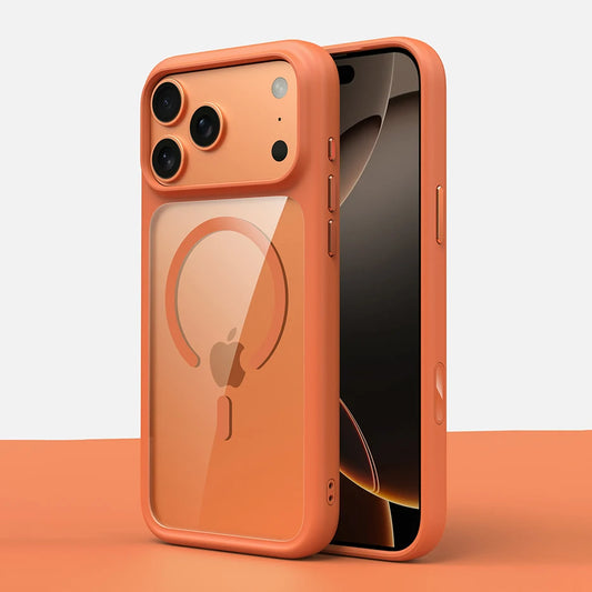 Luxury Orange Matte Transparent Magsafe Phone Case for Iphone Metal Buttons/ Skin Feel Shockproof Cover