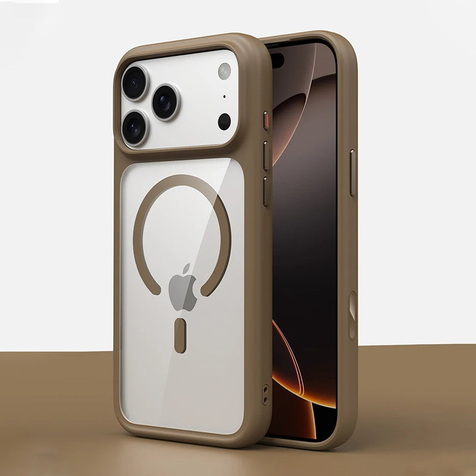 Luxury Orange Matte Transparent Magsafe Phone Case for Iphone Metal Buttons/ Skin Feel Shockproof Cover