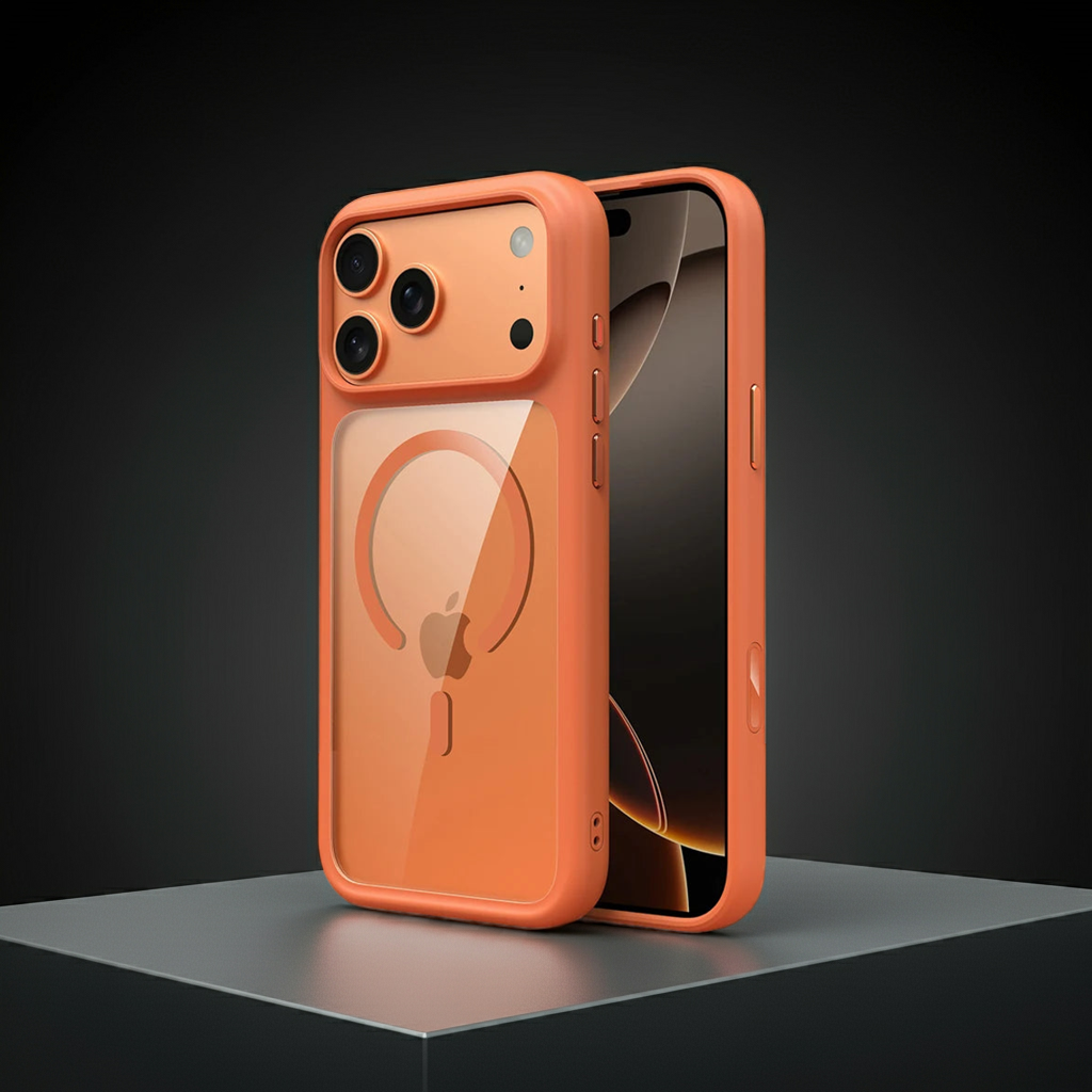 Luxury Orange Matte Transparent Magsafe Phone Case for Iphone Metal Buttons/ Skin Feel Shockproof Cover